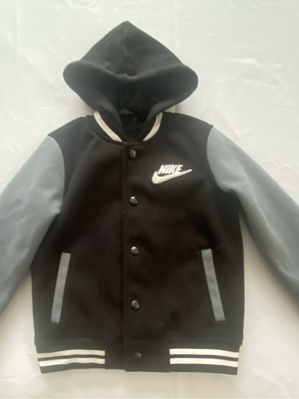 Nike Black Hooded Varsity Jacket with Gray Sleeves Size 6
